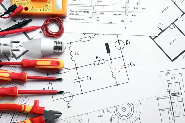 Uppsättning Elektriska Verktyg Och Tillbehör Pappersark Platt Låg — Stockfoto