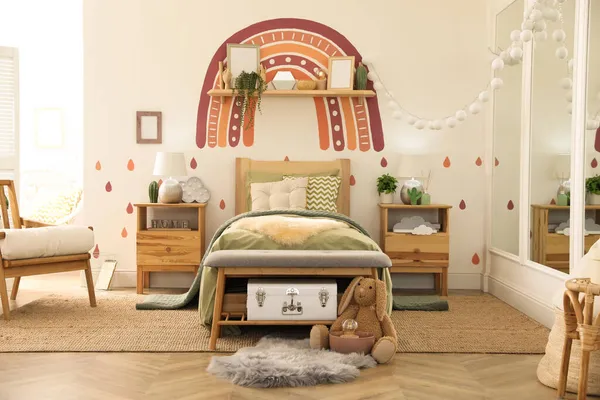 Interior Del Dormitorio Chica Moderna Con Muebles Elegantes Idea Para — Foto de Stock
