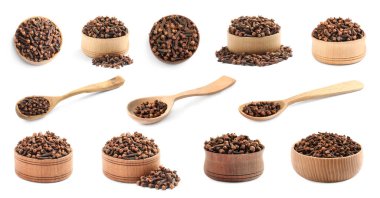 Beyaz arka planda aromatik kurutulmuş karanfillerle ayarlanmış. Pankart tasarımı