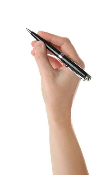 Kobieta Trzyma Długopis Białym Tle Zbliżenie — Zdjęcie stockowe