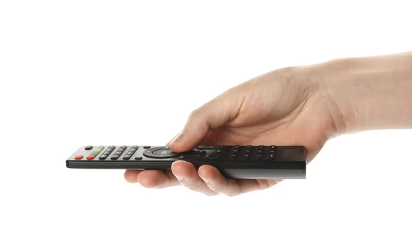 Woman Holding Remote Control White Background Closeup — Stock Photo, Image