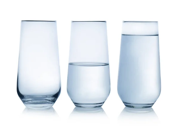 Порожні Наполовину Повні Склянки Води Білому Тлі — стокове фото