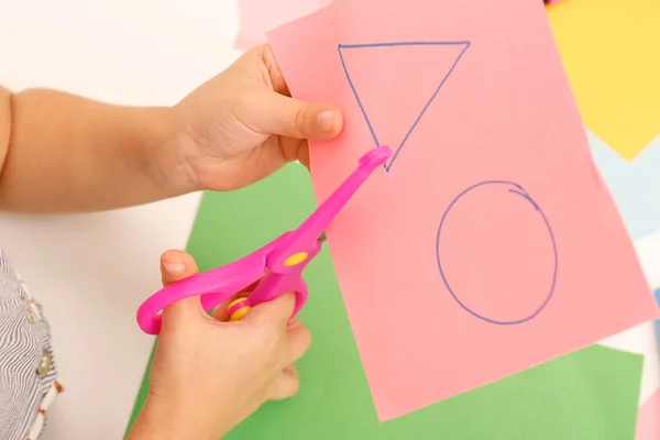 Little Girl Cutting Color Paper Scissors Table View — Stock Photo, Image