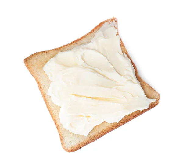 白で隔離されたおいしいクリームチーズとパンのスライス トップビュー — ストック写真