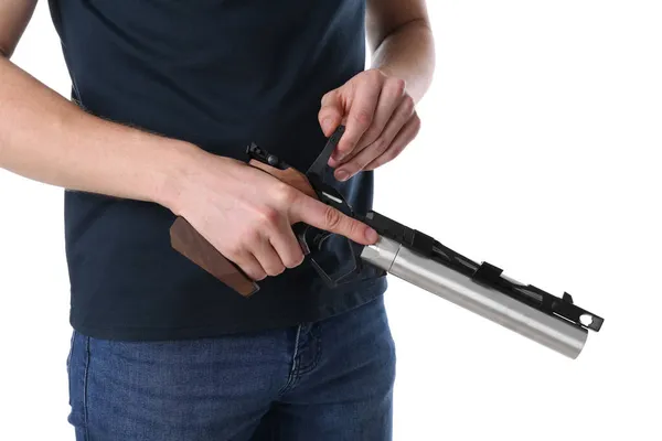 Deporte Tiro Con Pistola Hombre Sosteniendo Pistola Estándar Sobre Fondo — Foto de Stock