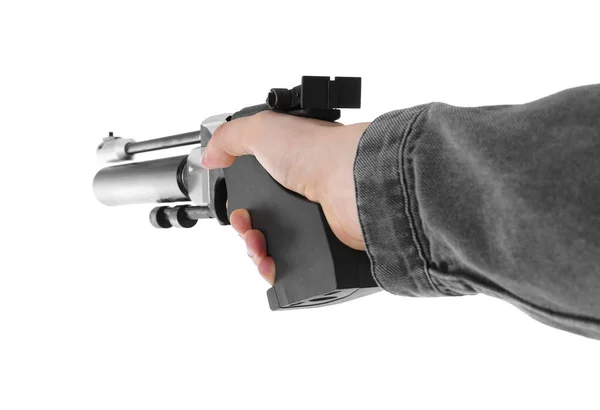 Strzelanie Broni Mężczyzna Celujący Standardowym Pistoletem Białym Tle Zbliżenie — Zdjęcie stockowe