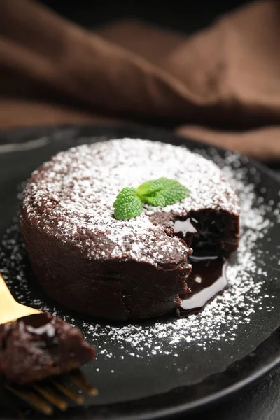 Delicious Fresh Fondant Hot Chocolate Mint Black Table Closeup — Stock Photo, Image