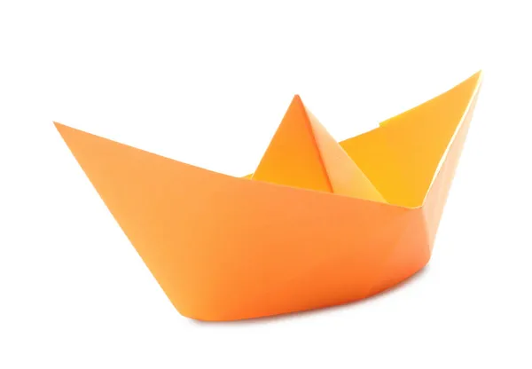 Handgemachtes Orangefarbenes Papierboot Isoliert Auf Weiß Origami Kunst — Stockfoto