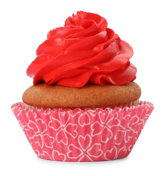 Läcker Cupcake Med Röd Kräm Isolerad Vit — Stockfoto