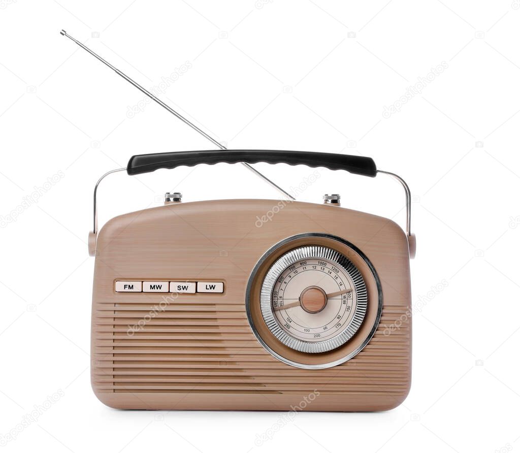 Beige retro radio receiver isolated on white