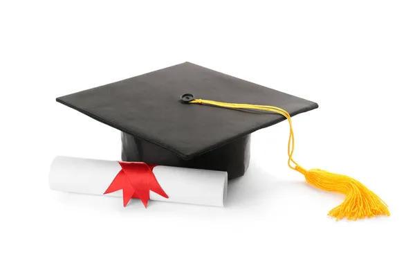 Érettségi Kalap Diploma Fehér Háttér — Stock Fotó
