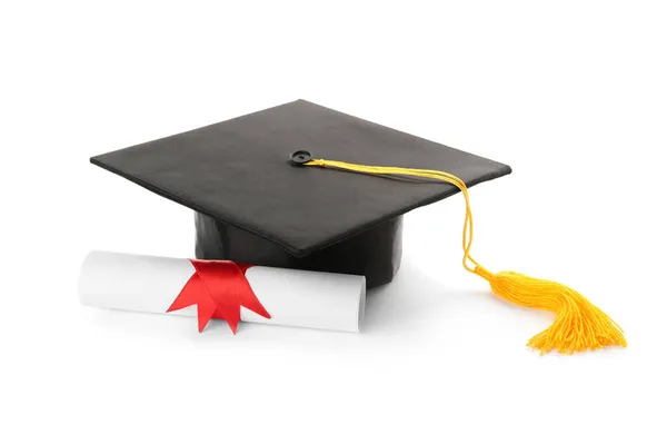 Sombrero Graduación Diploma Sobre Fondo Blanco — Foto de Stock