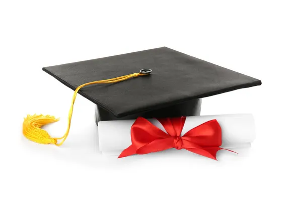 Cappello Laurea Diploma Sfondo Bianco — Foto Stock