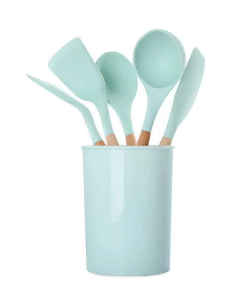 Ensemble Ustensiles Cuisine Turquoise Dans Support Isolé Sur Blanc — Photo