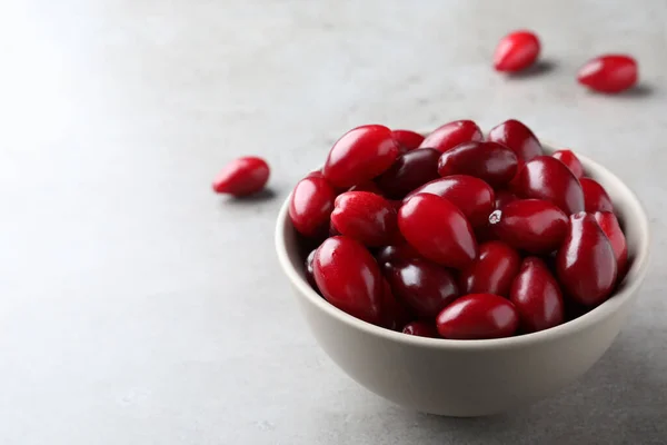 Fresh Ripe Dogwood Berries Bowl Light Grey Table Space Text — Stock Photo, Image