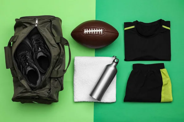 Gym Bag Sports Equipment Green Background Flat Lay — Stock Photo, Image