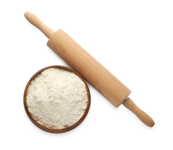 Wooden Rolling Pin Bowl Flour White Background Top View — Stock Photo, Image