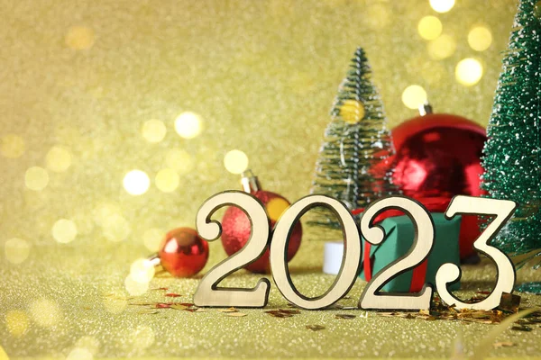 Número 2023 Decoração Festiva Fundo Brilhante Efeito Bokeh Feliz Ano — Fotografia de Stock