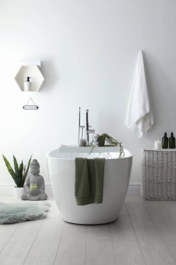 Modern küvetin, ev bitkilerinin ve güzel dekorun olduğu şık bir banyo. Ev tasarımı