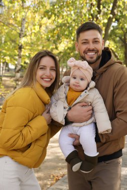 Güneşli bir günde parkta bebeğiyle mutlu bir aile.