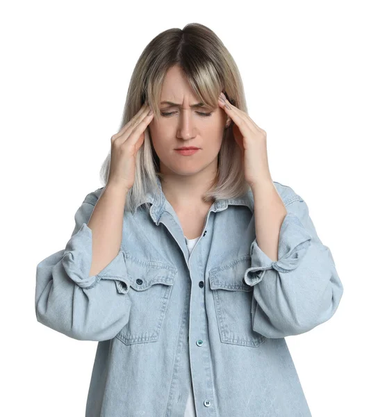 Frau Leidet Unter Kopfschmerzen Auf Weißem Hintergrund — Stockfoto