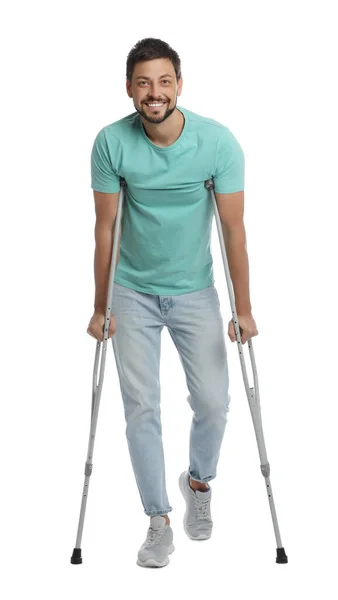 Full Length Portrait Man Crutches White Background — Stock Photo, Image