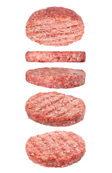 Fresh Raw Burger Patties Falling White Background — Stock Photo, Image