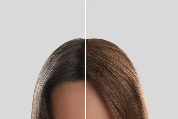 Visão Close Mulher Jovem Antes Depois Tingir Cabelo Fundo Leve — Fotografia de Stock