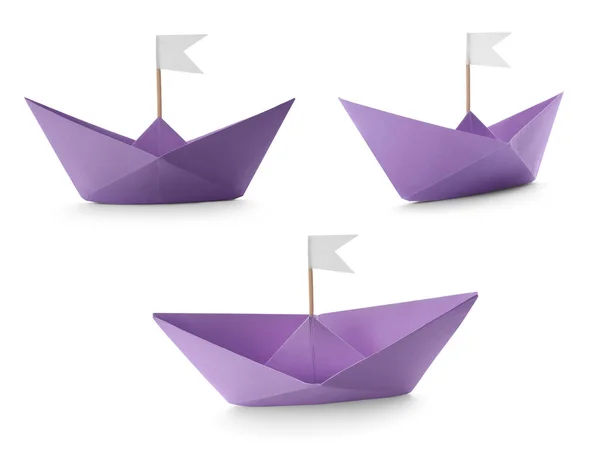 Bateaux Papier Violet Avec Drapeaux Sur Fond Blanc Collage — Photo