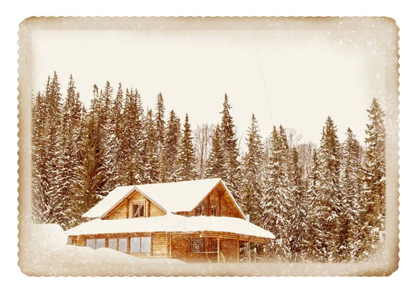 Altes Papierfoto Ferienhaus Schneebedeckten Nadelwald Wintertag — Stockfoto