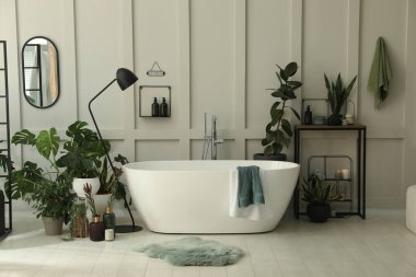 Modern küvet ve güzel ev bitkileriyle dolu şık bir banyo. Ev tasarımı
