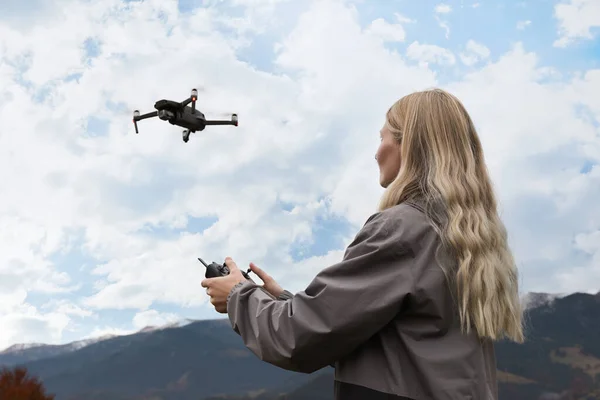 Woman Spy in 360 Virtual Reality Headset Playing Game with Drone