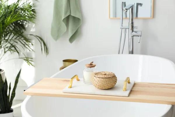 Tray Wicker Box Candle Tub Bathroom Interior Design — Stock Photo, Image