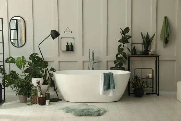 Élégant Intérieur Salle Bain Avec Baignoire Moderne Belles Plantes Intérieur — Photo