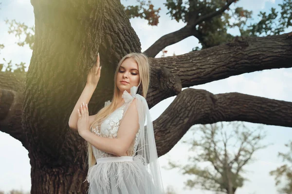 Красивая Девушка Сказочном Платье Возле Высокого Дерева Открытом Воздухе — стоковое фото