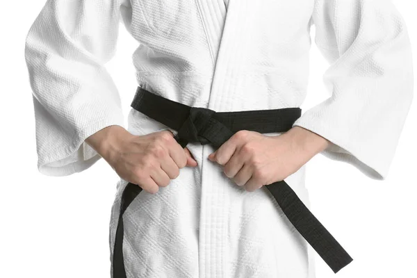 Entrenador Karate Con Kimono Cinturón Negro Sobre Fondo Blanco Primer —  Fotos de Stock