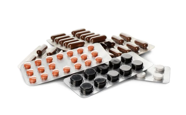 Buborékcsomagolás Különböző Tablettákkal Fehér Alapon Gyógyszer — Stock Fotó