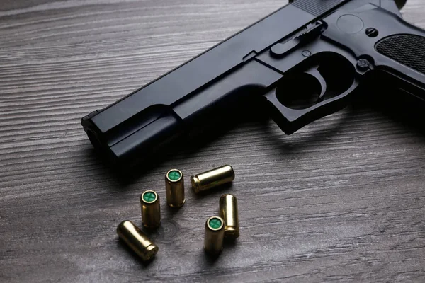 Pistol Bullets Wooden Table Professional Gun — Stock Photo, Image