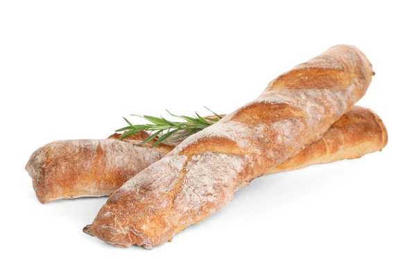 Crispy French Baguettes Rosemary White Background Fresh Bread — Stock Photo, Image