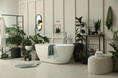 Modern küvet ve güzel ev bitkileriyle dolu şık bir banyo. Ev tasarımı
