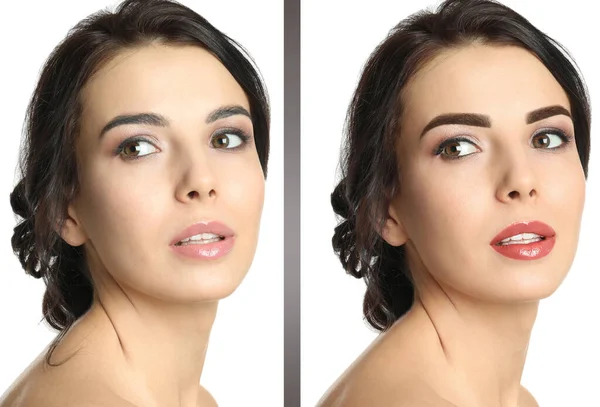 Hermosa Mujer Joven Antes Después Maquillaje Permanente Sobre Fondo Blanco — Foto de Stock