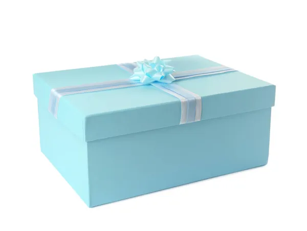浅蓝色礼品盒 白色上有蝴蝶结 — 图库照片