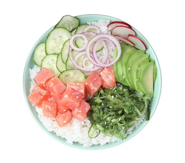Delicioso Poke Bowl Con Salmón Algas Verduras Aisladas Blanco Vista — Foto de Stock