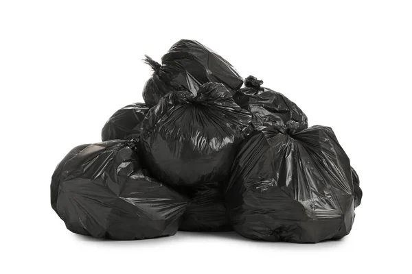 Schwarze Müllsäcke Gefüllt Mit Müll Auf Weißem Hintergrund — Stockfoto