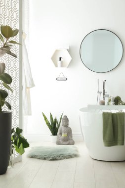 Modern küvetin, ev bitkilerinin ve güzel dekorun olduğu şık bir banyo. Ev tasarımı