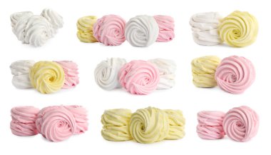 Beyaz arkaplanda farklı lezzetli zephyrler ile ayarla 