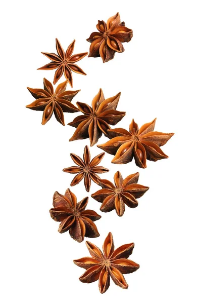 Dry Aromatic Anise Stars Falling White Background Royalty Free Stock Images