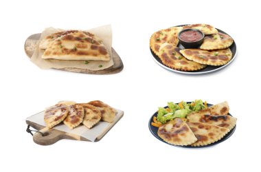 Beyaz arka planda leziz kızarmış chebureki ile ayarlandı 