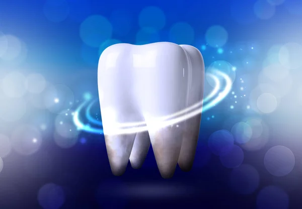 Model Zęba Świecącym Niebieskim Tle Efekt Bokeh Opieka Stomatologiczna — Zdjęcie stockowe