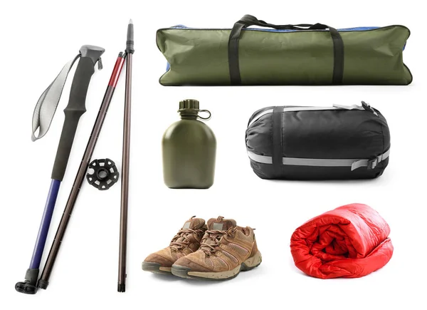 Set Different Camping Equipment White Background — Stock Photo, Image